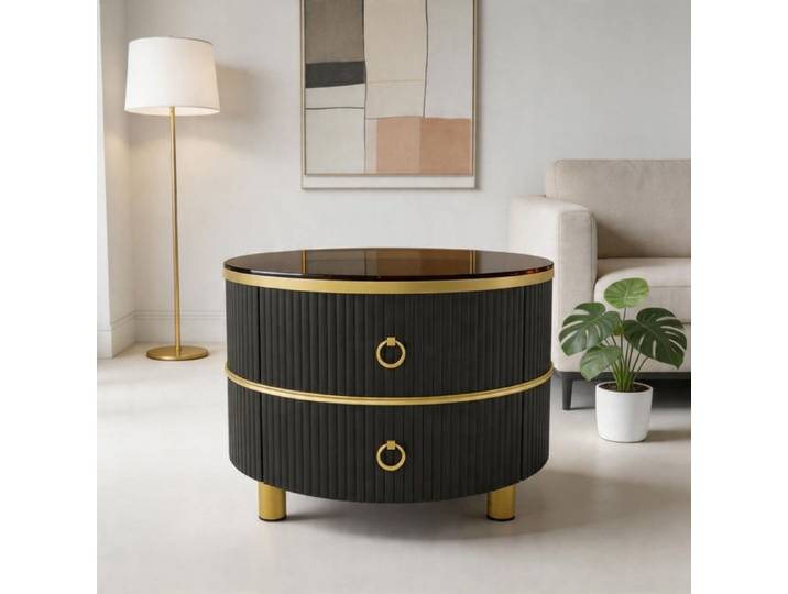 Table basse - WF320390SAA - Plateau verre trempé brillant - Plateau bois & 2 tiroirs - Ensemble 2 pièces noir/or