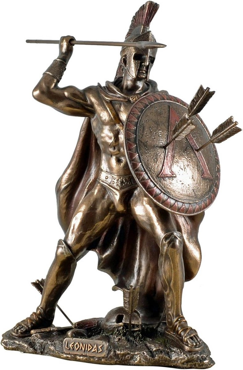 Handgeschilderd decoratief standbeeld van koning Leonidas met bronzen coating en gevechtscène