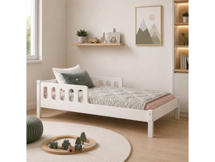 CADANI Finn Kinderbett 80x160 Weiß - Jugendbett mit Schutz & Lattenrost Kinderbett ab 3 Jahren aus Kiefer massiv mit Roll-Lattenrost, 200 kg Tragkraft, abgerundeten Kanten, weißem Lack, Jugendbett