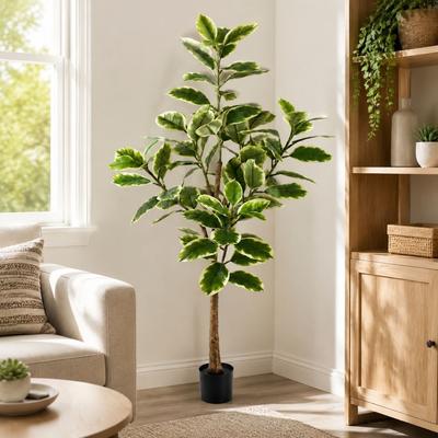 YVANLA Artificial Plant Fake Variegated Rubber Plant Potted
