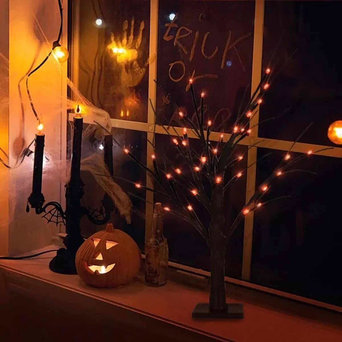 INF Lampe arbre fantôme LED Halloween 0.6m - 24 LEDs orange, alimentation batterie et USB