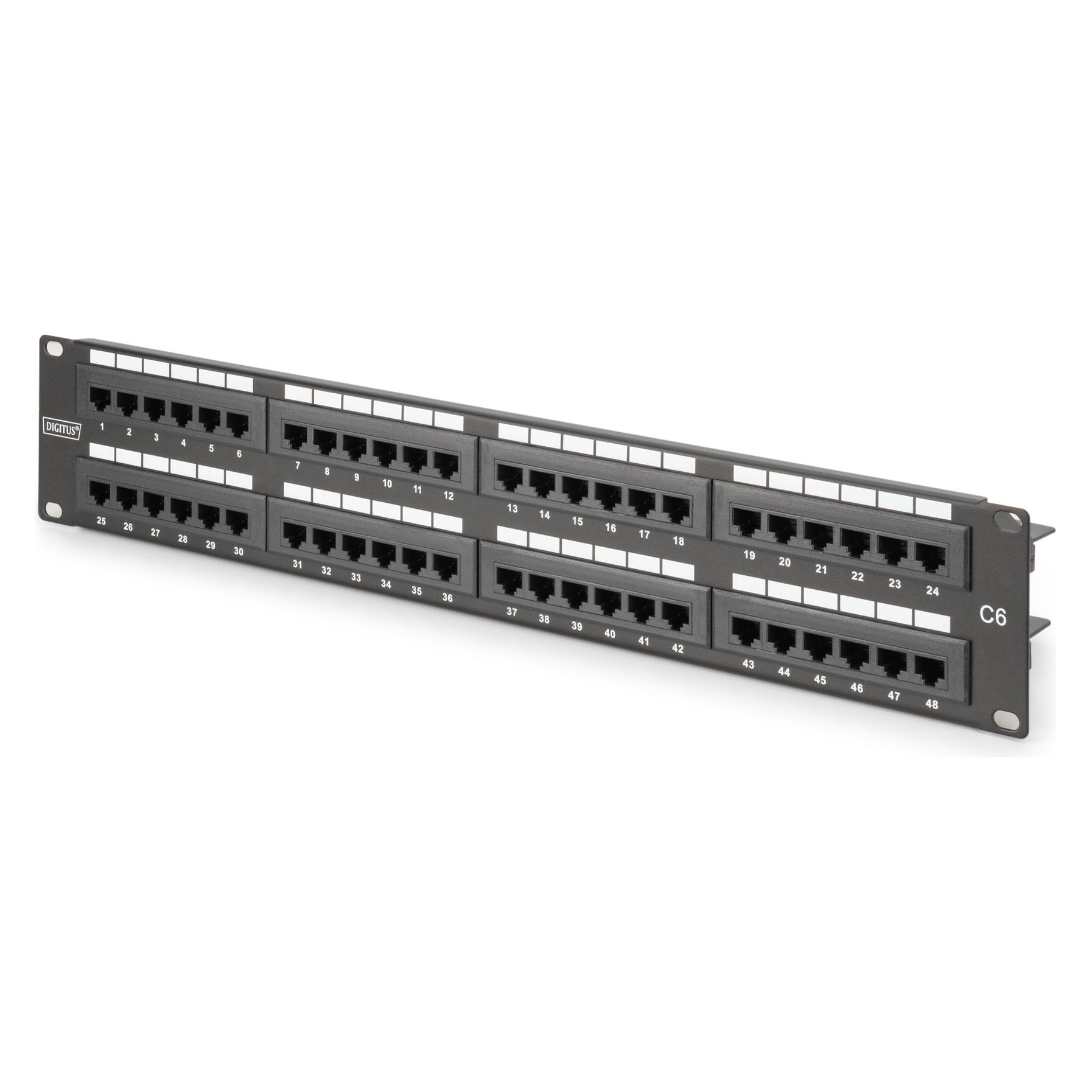 Digitus Patch Panel 48,3cm 19Z 48Port 2U Cat6 ungeschirmt schwarz RAL 9005 Kabelinstallation mit LSA Leis... (DN-91648U)