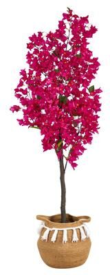 Nearly Natural 5' Artificial Bougainvillea Tree with Handmade Jute & Cotton Basket with Tassels