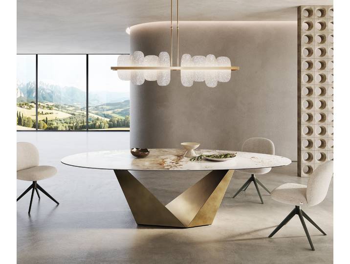 Esstisch Edge Oval 280x130 Keramik Minas Melange Weiß-Beige Prisma Metallic Gold, Esstische
