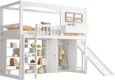 Etagenbett 90x200cm ohne Matratze Weiss Kinderbett Kiefer+MDF+Sperrholz Fallschutzgitter Kinderrutsche Kleiderschrank Reichlich Vierstufiger Leiter