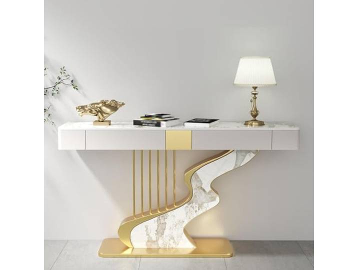 Moderner Konsolentisch mit 2 Schubladen, Sinterstein Flurtisch mit Stauraum Schmaler Sofatisch und Stilvoller Beistelltisch für Wohnzimmer mit Künstlerischem Gestell(Gold 3,L120cm/47.2in)