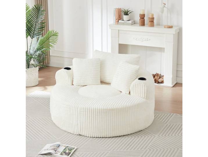 ROVRYN Fauteuil lounge rond 1 place en velours côtelé beige avec 2 porte-gobelets et 3 coussins