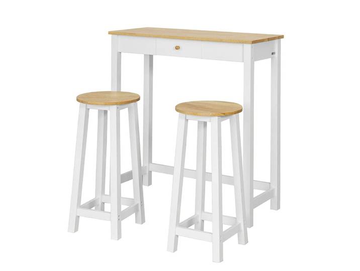 Set de 1 table et 2 tabourets effet bois blanc