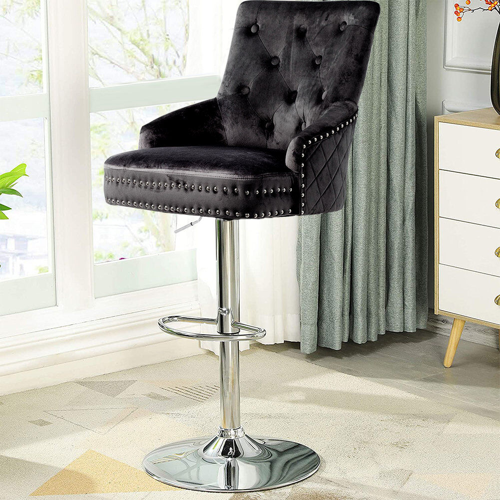 Mercer41 Rish Swivel Upholstered and Velvet Adjustable Height Bar Stool with Iron Frame Black 50cm W X 52cm D