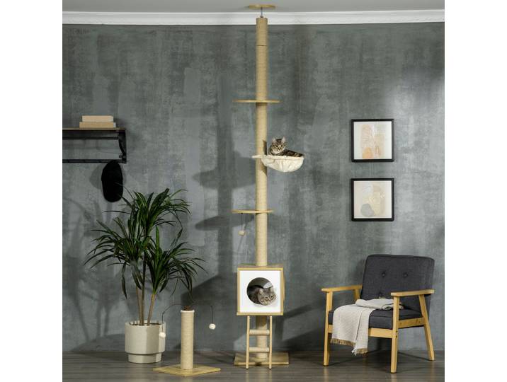 PawHut Arbre Chat Sol-Plafond Réglable Niche Hamac Beige