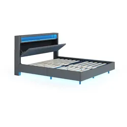 OKWISH Polsterbett 160x200 cm mit LED-Leuchten, USB-Anschluss, Leinenstoff, versteckte Füße, stabiler Metallrahmen, Stauraum, modernes Doppelbett Grau