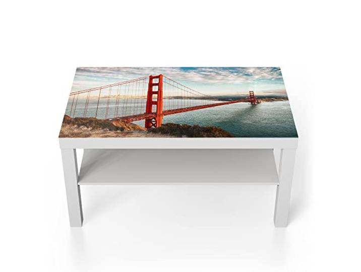 DEQORI Glastisch weiß groß 90x50 cm Motiv Golden Gate Bridge ausgefallener Beistelltisch aus Glas Hochglanz Couchtisch fürs Wohnzimmer moderner Couch Tisch mit Design