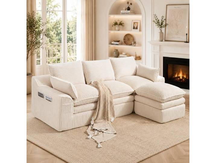 Canapé modulable - SOGEU - Canapé Modulable - 3 places - Velours côtelé beige - Pouf et coussins inclus
