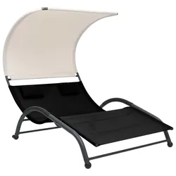Helloshop26 - Sonnenliege Deckstuhl Sonnenbett Gartenbett Terrassenmöbel Doppel-Gartenmöbel mit schwarzem Textilene-Sonnendach 02_0012722