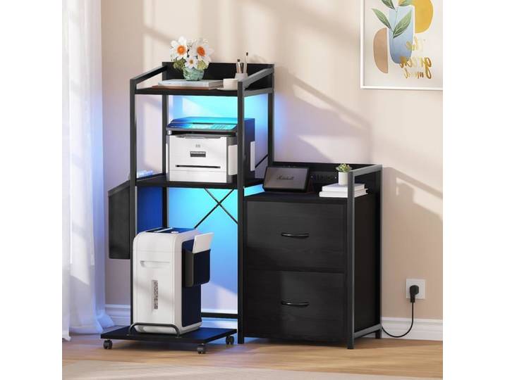 Étagère pour imprimante grand classeur avec éclairage LED meuble à imprimante à 4 niveaux pour formats A4 Lettre noir