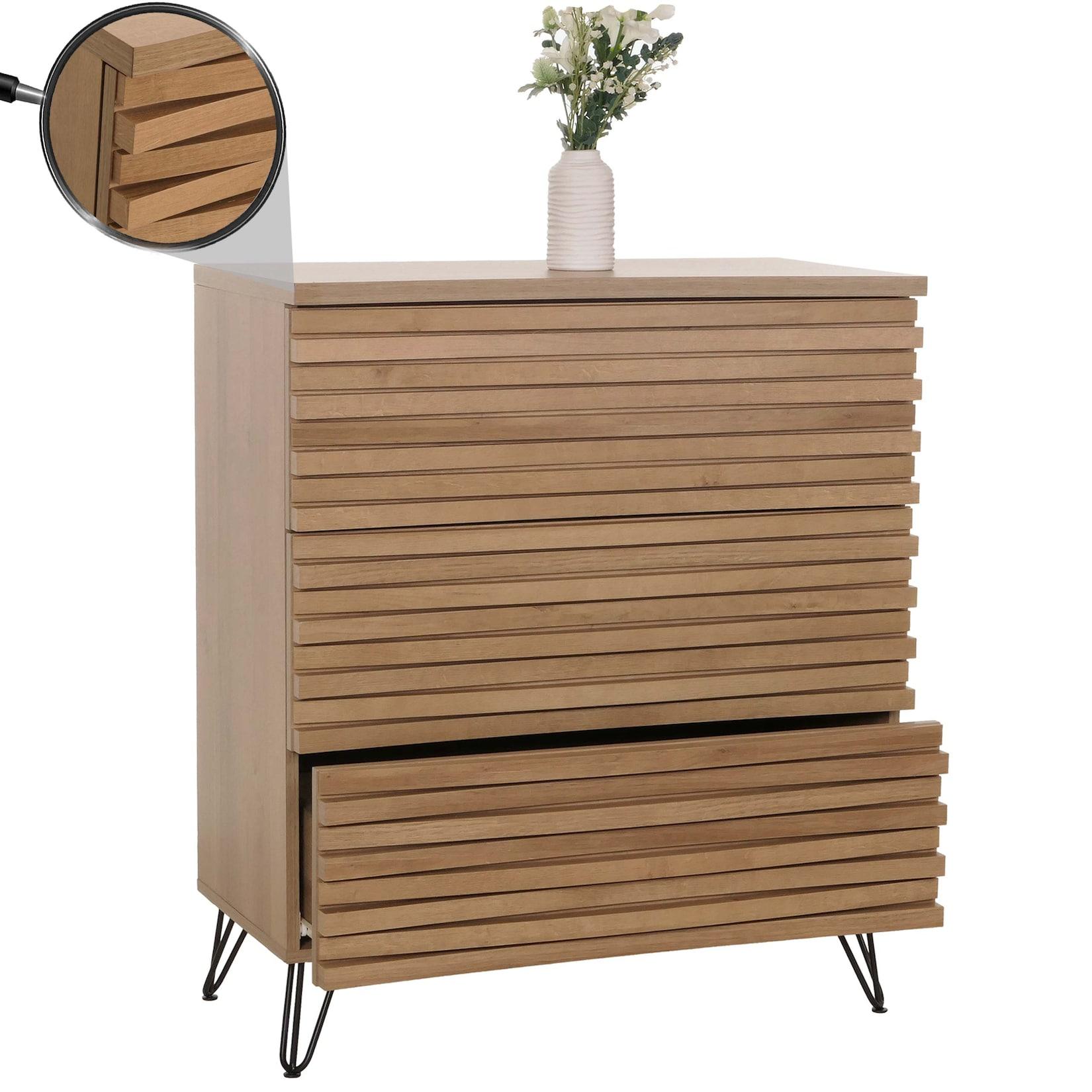 Kommode MCW-M49, Sideboard Schrank Highboard, 3D-Design 3 Schubladen MDF Metall 94x80x45cm ~ natur