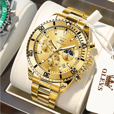 Inspire Essentials OLEVS Luxury Mens Watch Stainless Steel Chronograph Waterproof With Moon Phase all Gold