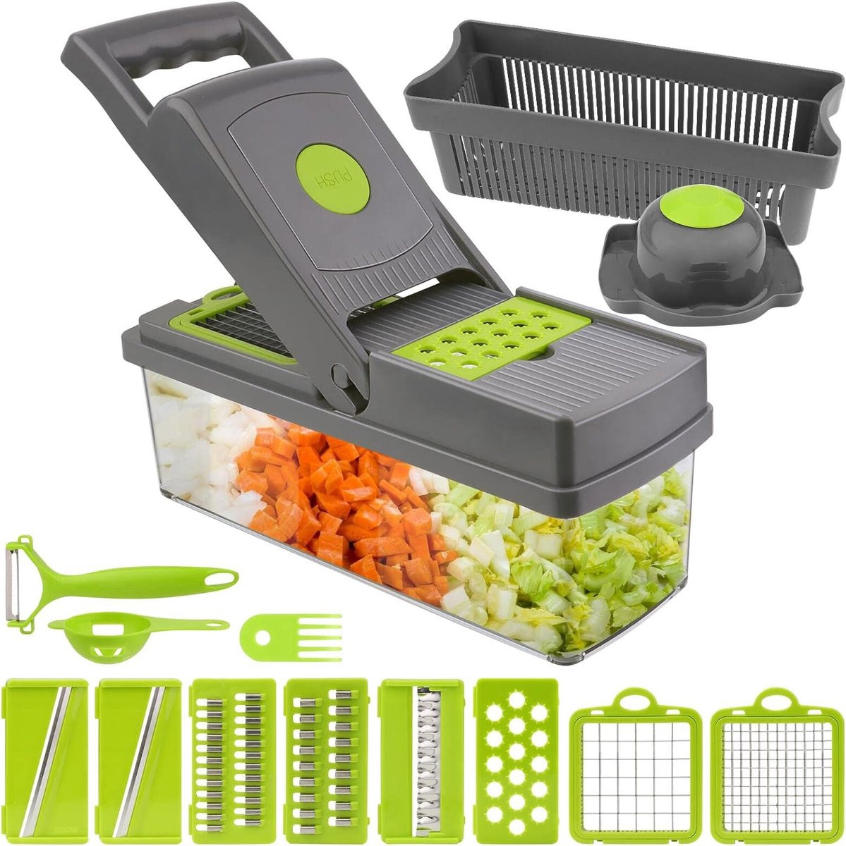 Mandoline groentesnijder met verschillende mesjes en opvangbak, grijs/transparant