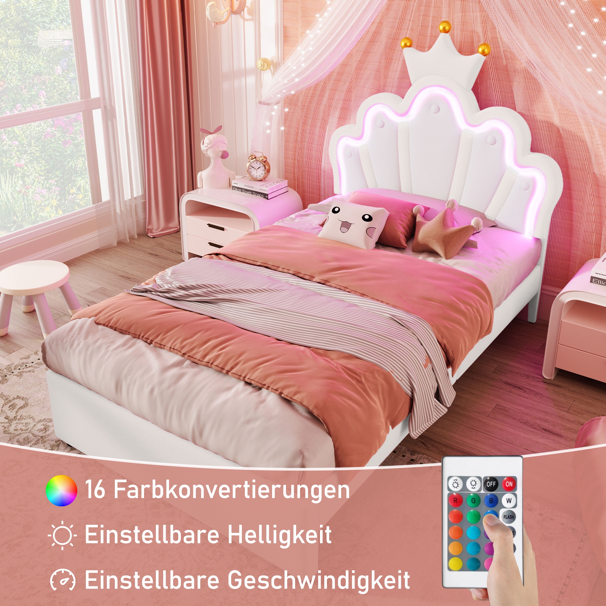 STILVORA Polsterbett 90x200 Kinderbett mit Matratze mit Lattenrost,Jugendbett Prinzessinnenbett mit Ferngesteuertes Ambientelicht,mit 2 Schubladen,Weiß