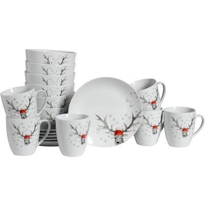 Frühstücks-Geschirrset CREATABLE "Hirsch, Frühstücksset 18-tlg", weiß, 18 Stk., Porzellan, Geschirr-Sets, Winterdekor, Hirschmotiv