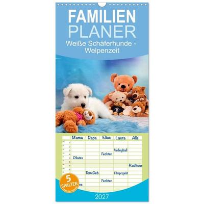 Familienplaner 2027 - Weiße Schäferhunde - Welpenzeit mit 5 Spalten (Wandkalender, 21 x 45 cm) CALVENDO