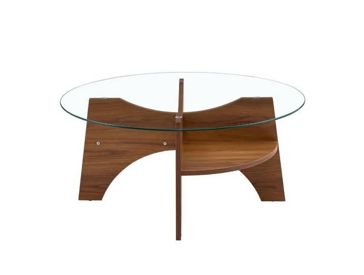 Table basse ronde en verre trempé pieds effet bois noyer Ø80 cm