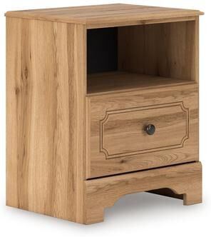 Benjara Alia Nighstand with 1 Drawer, USB Port, Open Cubby, Natural Oak Brown