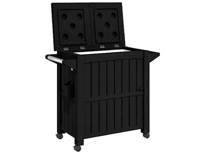 HFXHIJXQ 3-in-1 Servierwagen mit 80L Kühlbox Schwarz Polypropylen Mobiler Beistelltisch mit Eiskübel, Flaschenöffner und Gewürzregal für Partys auf der Terrasse und im Garten.
