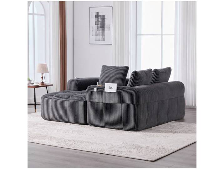 Canape 4 Places En Velours Cotele Gris Fonce Canape Modulable FloraGrace Salon Ou Bureau Avec Poches 253x158x61cm