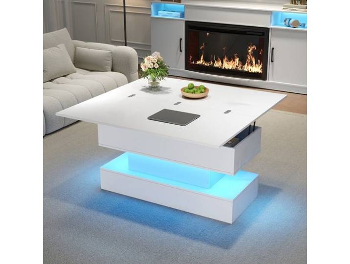 Table Basse Relevable - 100x50x51.5cm - Plateau Extensible 100x100cm Multiprise USB C Coffre LED APP Salon - Blanc