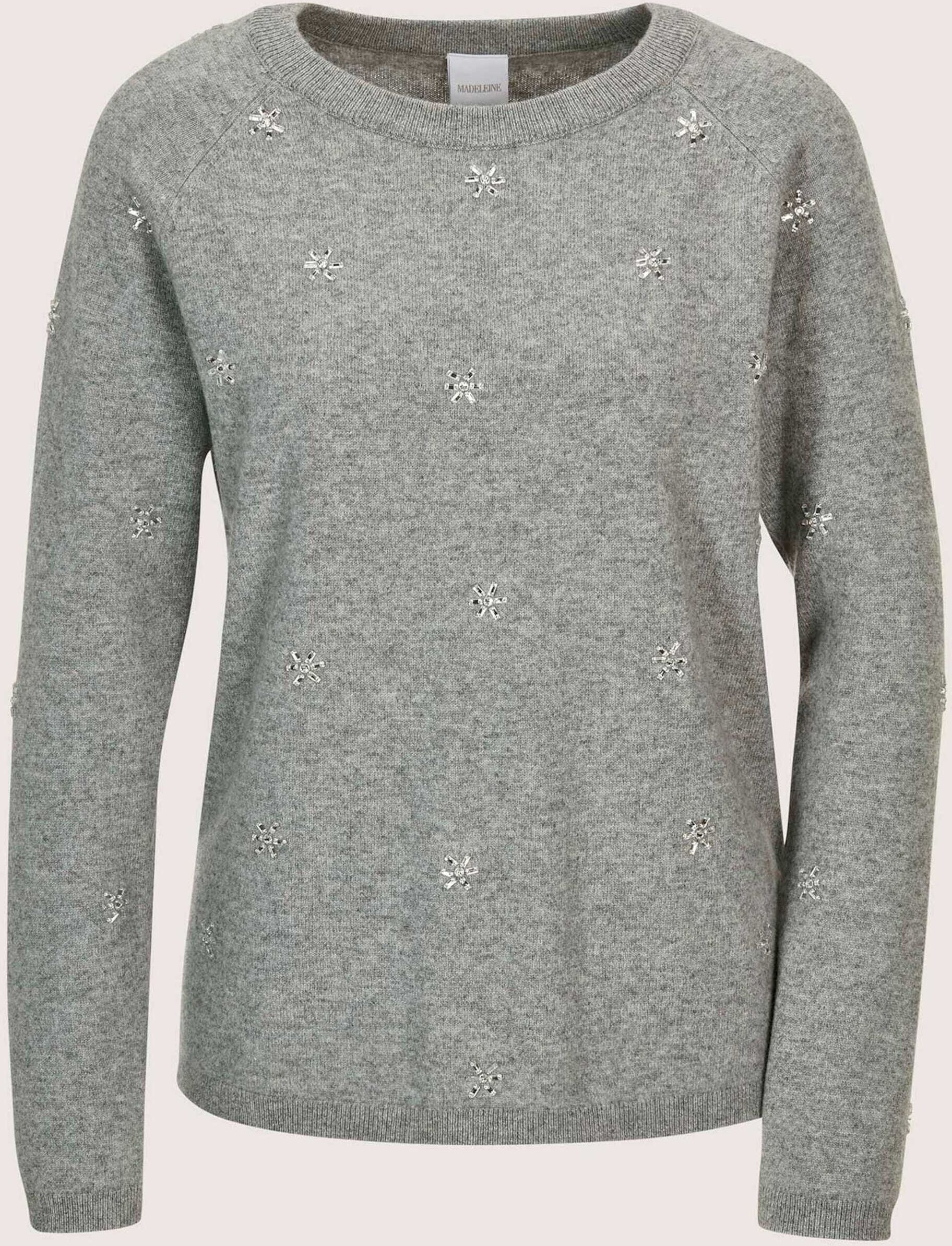 Longpullover MADELEINE "Strickpullover Winterpullover mit edlen Ziersteinen", Damen, Gr. 40/42, silber (graphit, melange, silberfarben), Obermaterial: 45% Wolle mw. 30% Kaschmir WS. 15% Viskose CV. 10% Polyamid PA., Modern, Pullover Longpullover, Schmucks