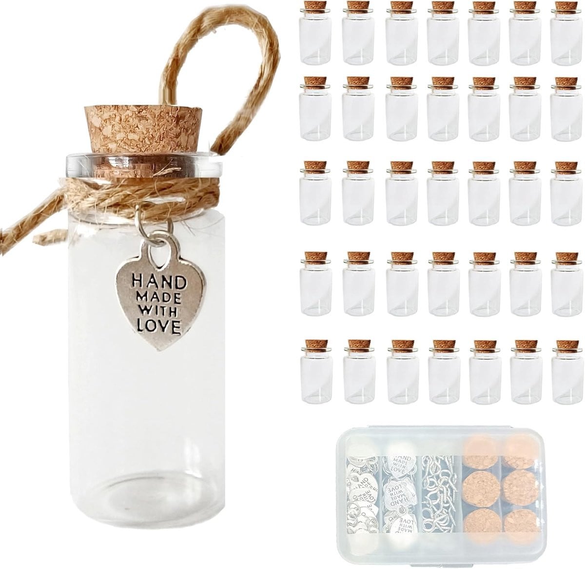 SnelShoppen Mini Glazen Flessen met Kurk - 35 stuks - 10 ml - met Hart Hangers