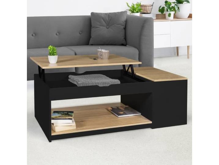 IDMARKET Table basse plateau relevable rectangulaire ELEA avec coffre bois noir et façon hêtre