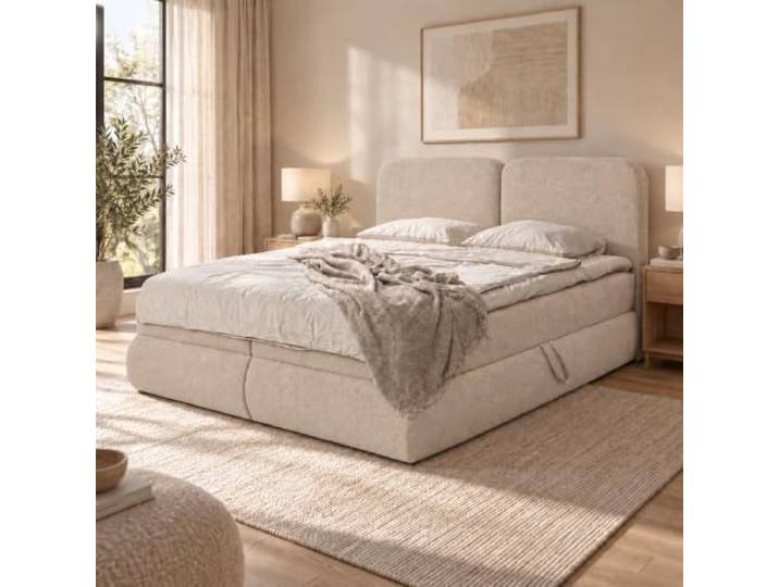 Home Collective Boxspringbett mit Bettkasten und Topper Beige Boxspringbett mit Bettkasten mit Bonell-Matratze Amari-Polsterstoff, seitlich aufklappbar, HR-Schaum-Kopfteil 160x200 cm