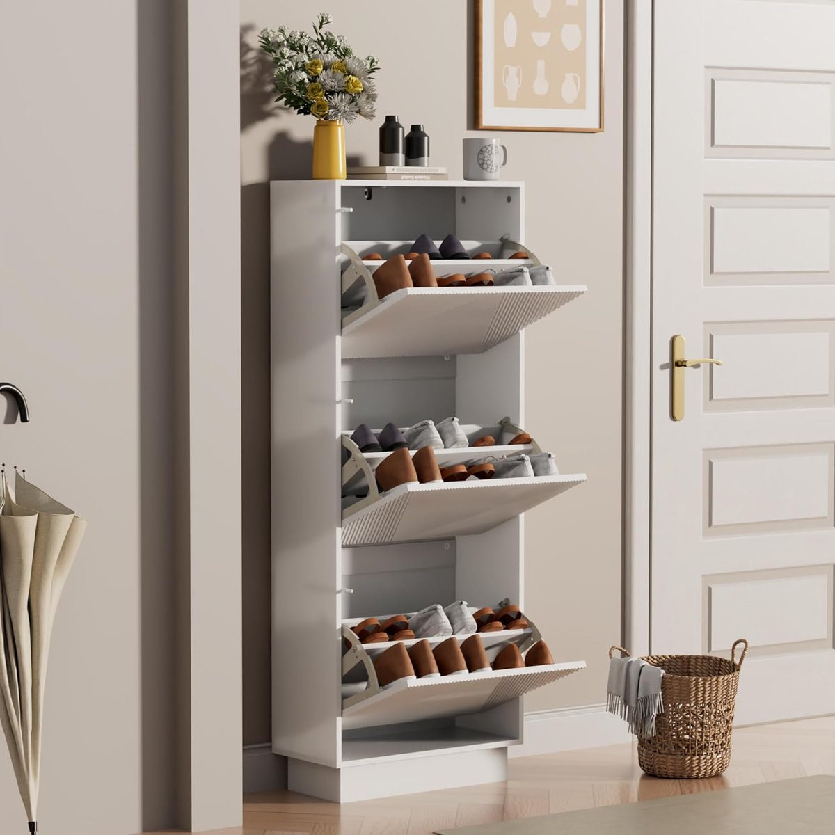 UEV Schoenenkast met 3 kleppen en lijnpatroon, wit, H 131 x B 50 x D 24 cm