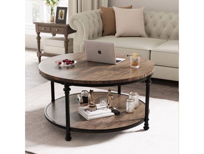 Table basse ronde 2 niveaux - rangement intégré – Pieds colonne romaine – Parfaite pour petits espaces –77 ×77×48cm – Chêne brun