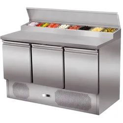 Gekühlter Zubereitungstisch Edelstahl 3 Türen 260L 1365x700mm. Kühltisch für Bar, Restaurant & Gastronomie.