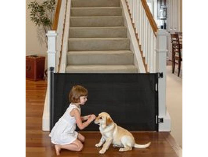 VEVOR Barrière de Sécurité Extensible, Clôture en Maille 185 cm de Large et 98 cm de Haut, Barrière Rétractable pour Animaux de Compagnie, avec Verrou de Sécurité, pour Couloir Escalier, Noir