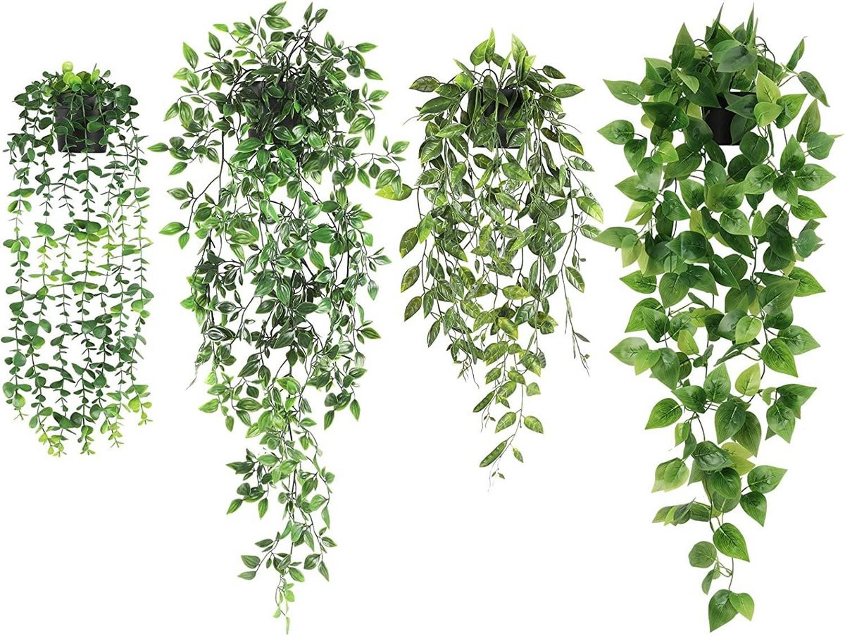 Set van 4 realistische groene kunstmatige hangplanten voor binnen en buiten