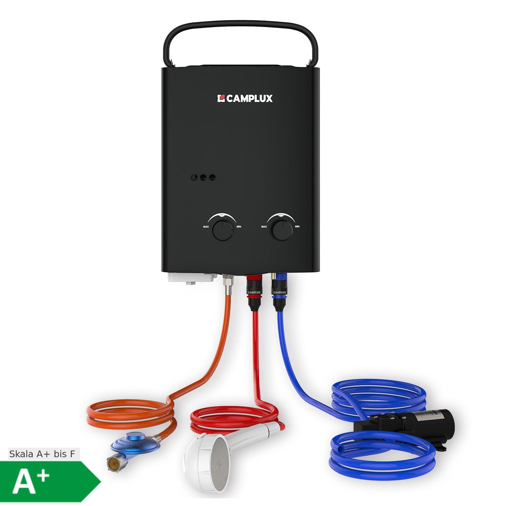 Camplux Tragbarer Gas-Durchlauferhitzer mit Pumpe 10 kW, 5 L/min, Schwarz