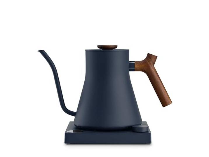 Fellow Stagg EKG Pro Schwanenhals Wasserkocher, LCD-Farbdisplay, Blau Temperatureinstellung 40-100°C, Warmhaltefunktion, 304 Edelstahl, Pour-Over Kaffee & Tee, Walnussgriff, Programmierbar