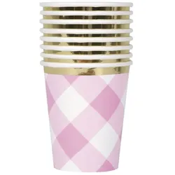 8 Becher 1. Geburtstag Vichy Karo rosa Folie