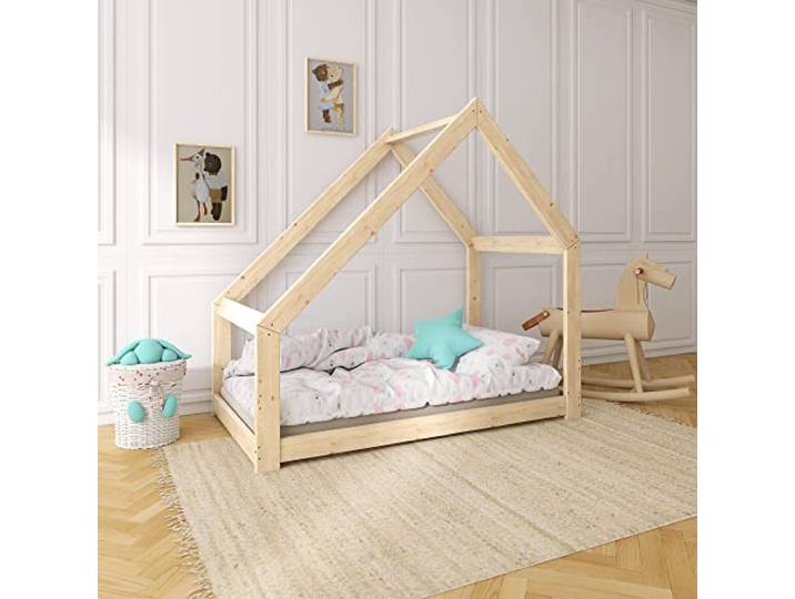 Need Sleep Hausbett Kinder Kinderbett 90x200 Bodentief ohne Rausfallschutz mit Lattenrost Kleinkind Bodenbett Haus ab 2 Jahre Montessori Bett aus Holz Mädchen Junge Asymmetrisch