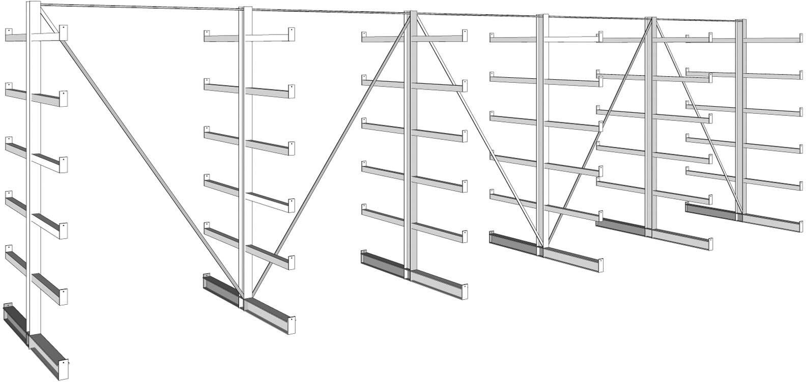 META Kragarmregal, zweiseitig, 200 kg, 2000 x 6750 x 1150 mm