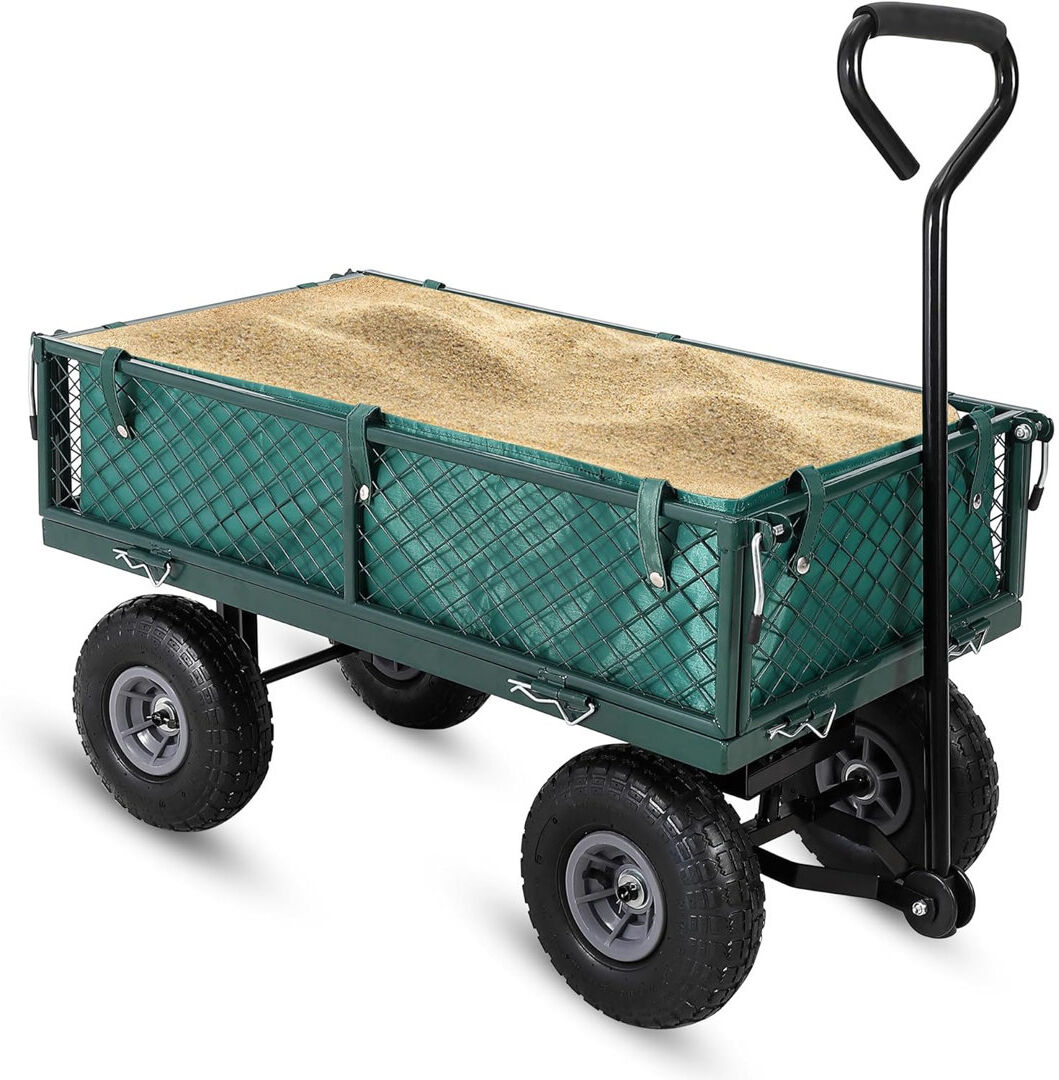 ZACOO 200KG Heavy Duty Steel Garden Trolley, Utility Rolling Cart with Removable Sides, Dual-Function Handle & 25cm Pneumatic Wheels for Tools, Plants and S Green 102 cm H x 46cm W x 89 cm D
