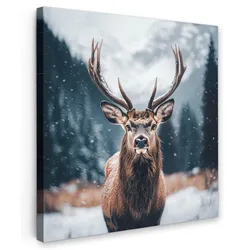 LEINWANDBILD Hirsche - Tiere - Landschaft - Winter - Schnee Deko Groß 90x90 cm