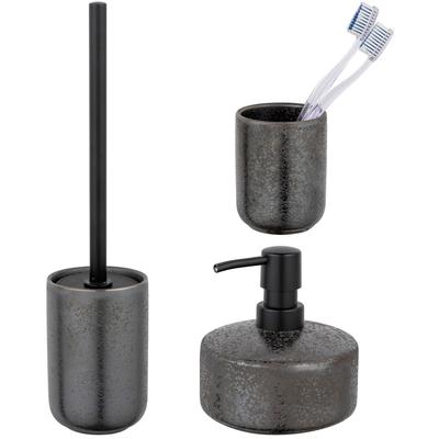 Badaccessoire-Set "»Rufina«", grau, Edelstahl, Keramik, SCHÖNER WOHNEN-KOLLEKTION, Badaccessoires-Sets, Keramik mit Effektglasur, Zahnputzbecher, Seifenspender & WC-Garnitur