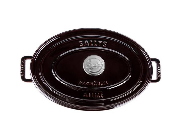 Sallys Bräter Vielseitiger Gusseisentopf ALIME, oval für Brot, Braten & Schmoren, Vollgusseisen mit hochwertiger Emaille-Beschichtung (Schmortopf mit Deckel, inklusive Noppen-Deckel, langlebig & ofenfest bis 250 °C), Gusseisenbräter, 36,5 × 26 cm / Vollgusseisen Emaille-Beschichtung
