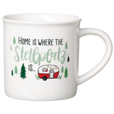Becher RITZENHOFF & BREKER "Camping", bunt, B:13cm H:9cm Ø:9cm, Porzellan, Trinkgefäße, Becher, "Home is where the Stellplatz is..." - in Geschenkbanderole