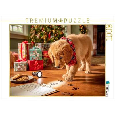 CALVENDO Puzzle Weihnachtswelpe auf Spurensuche vor dem Christbaum | 1000 Teile Lege-Größe 64x48cm Foto-Puzzle für glückliche Stunden